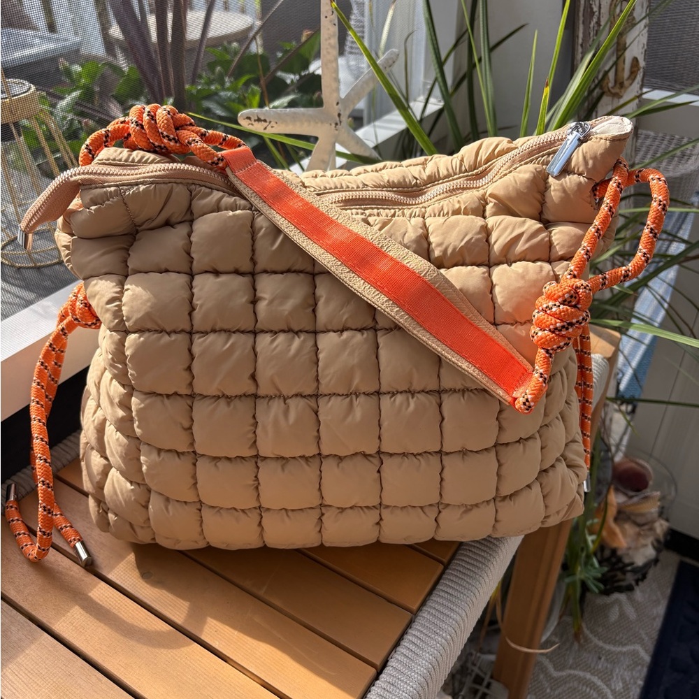 Tan Quilted Women's Bag with Orange Accents